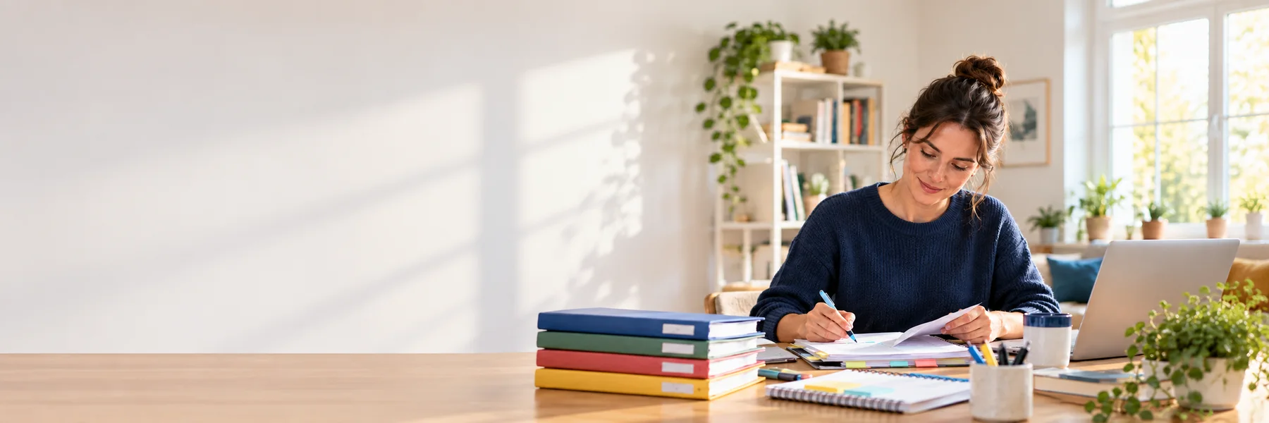 Opositora estudia con apuntes y un ordenador en casa.